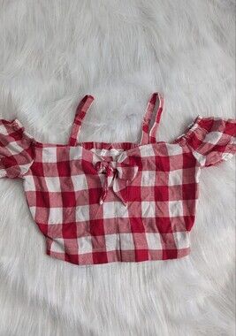 Red & White Gingham Tie-Front Off-Shoulder Crop Top